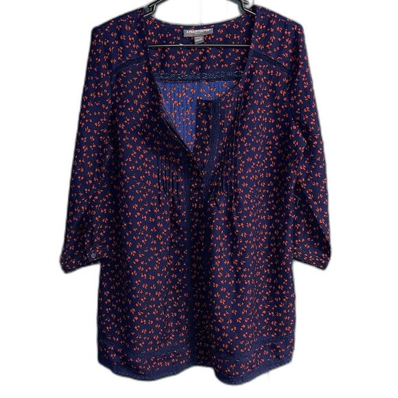 A Pea In The Pod Floral Navy Blue Blouse Top With Tie Belt Maternity Tunic Sz M - Picture 1 of 9